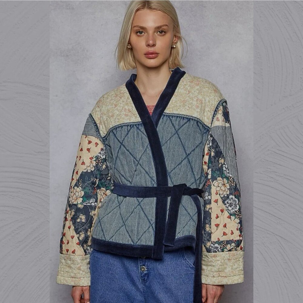 Pol Women Patchwork Denim Floral Quilted Kimono Blue Coat Jacket SZ S 100%Cotton